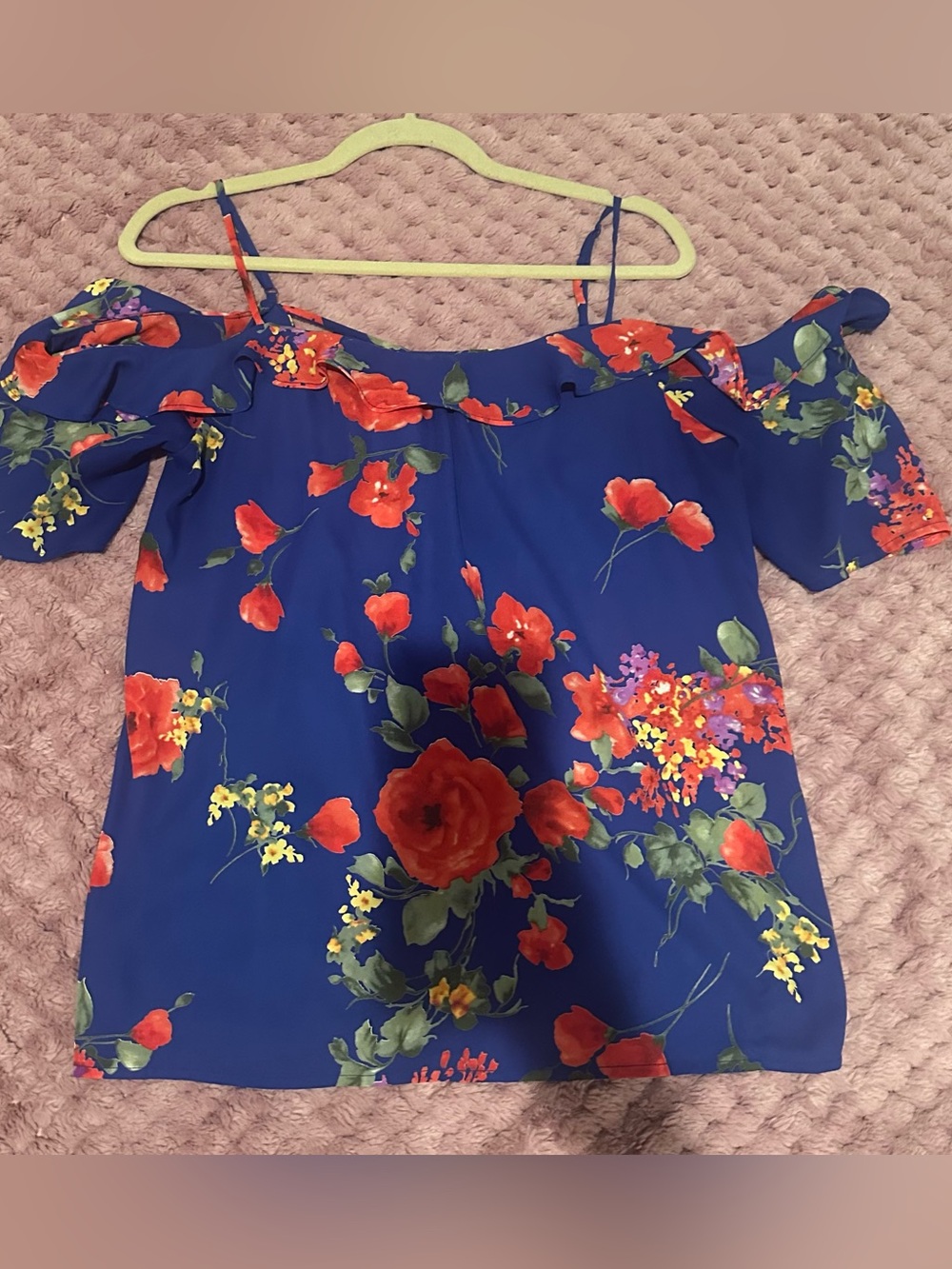 Skies Are Blue Royal Blue Floral Off-Shoulder Top Size M feminine floral